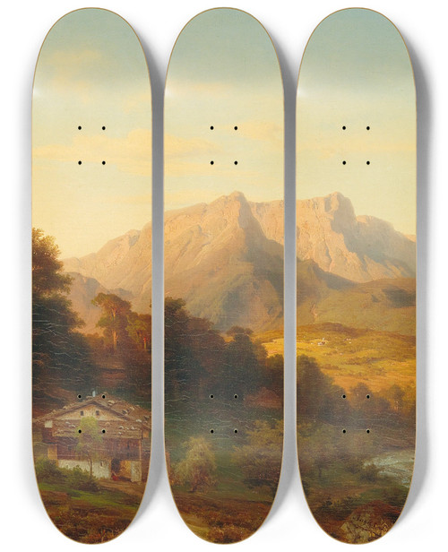 Triptych art skateboard deck of August Becker Blick Auf Den Untersberg Im Abendlicht by August Becker (1821-1887)