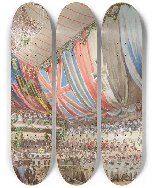 Triptych art skateboard deck of Nicholas Chevalier Sketch Of The Performance Played On Board Hms Galatea The Audience Seen From The Stage by Nicholas Chevalier (1828-1902)