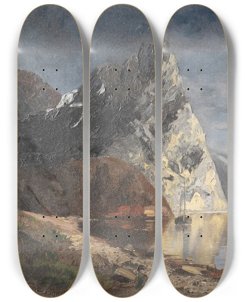 Triptych art skateboard deck of Therese Fuchs In The Fjord by Therese Fuchs (1849-1898)