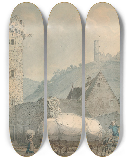 Triptych art skateboard deck of Carl Philipp Fohr View Of Weinheim On The River Neckar by Carl Philipp Fohr (1795-1818)