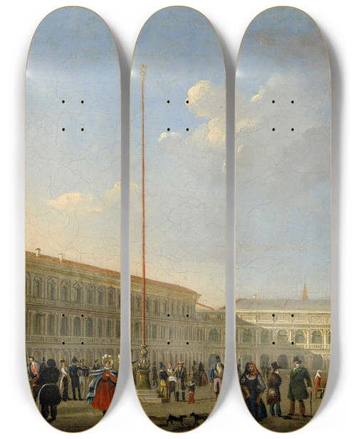 Triptych art skateboard deck of Giuseppe Canella Venice A View Of Piazza San Marco From Piazzetta Dei Leoncini by Giuseppe Canella (1788-1847)