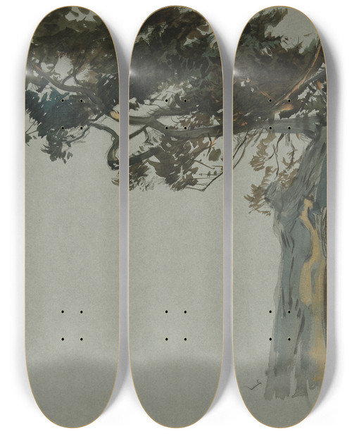 Triptych art skateboard deck of Edwin Austin Abbey Figures Standing Beneath A Tree by Edwin Austin Abbey (1852-1911)