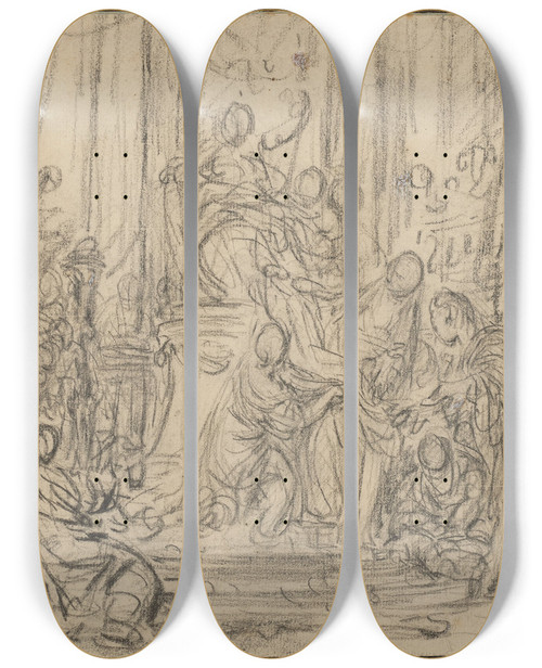 Triptych art skateboard deck of Franois Boucher Hcube Et Cassandre Offrant Une Toffe Minerve by Francois Boucher (1703-1770)
