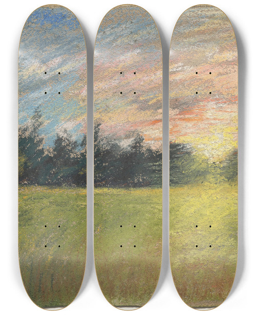 Triptych art skateboard deck of Paul Huet A Meadow At Sunset by Paul Huet (1803-1869)