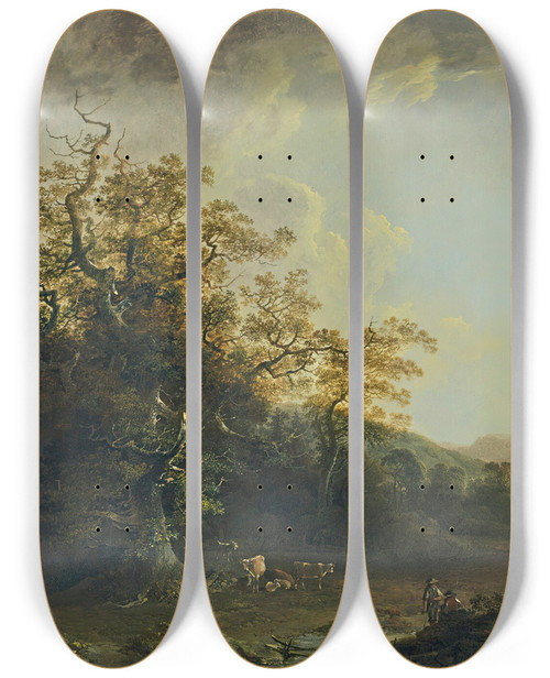 Triptych art skateboard deck of Johann Heinrich West Landschaft Mit Fischern Hirten Und Vieh by Johann Heinrich Wuest (1741-1821)