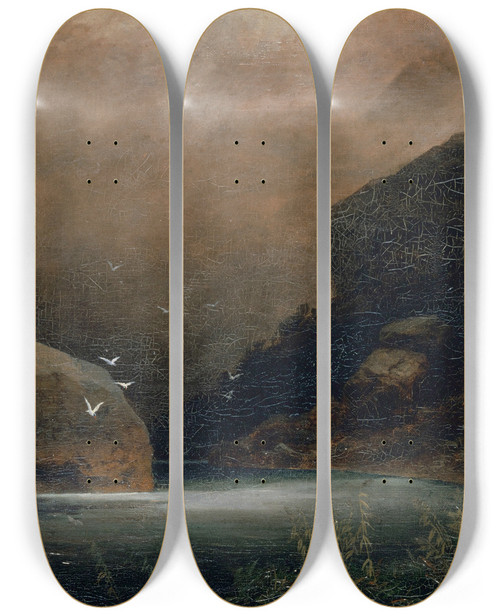 Triptych art skateboard deck of Arnold Bcklin Mountain Lake With Seagulls by Arnold Bocklin (1827-1901)