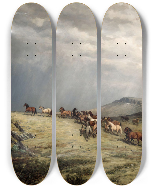 Triptych art skateboard deck of Peter Nicolai Arbo Horses In The Mountains by Peter Nicolai Arbo (1831-1892)
