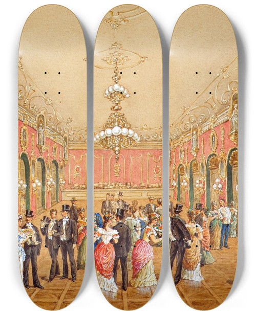 Triptych art skateboard deck of Gustav Zafaurek Das Schndorfcolosseum Ball In Schwenders Colloseum by Gustav Zafaurek (1841-1908)