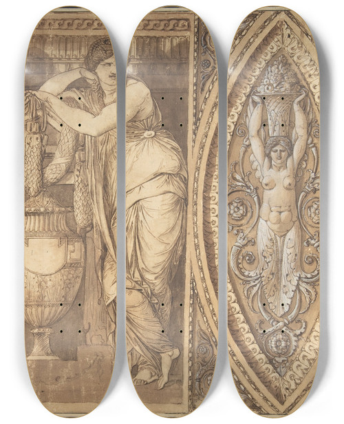 Triptych art skateboard deck of Giuseppe Cades Design For A Frieze With Two Women Flanking An Urn by Giuseppe Cades (1750-1799)