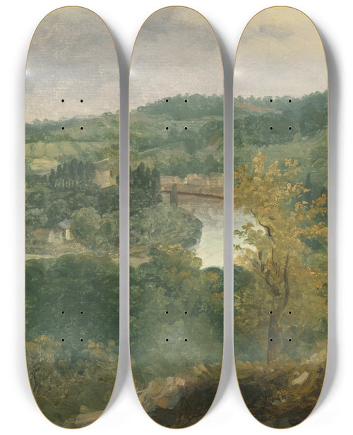 Triptych art skateboard deck of Thodore Rousseau Vue De Billancourt Et Bas Meudon by Theodore Rousseau (1812-1867)