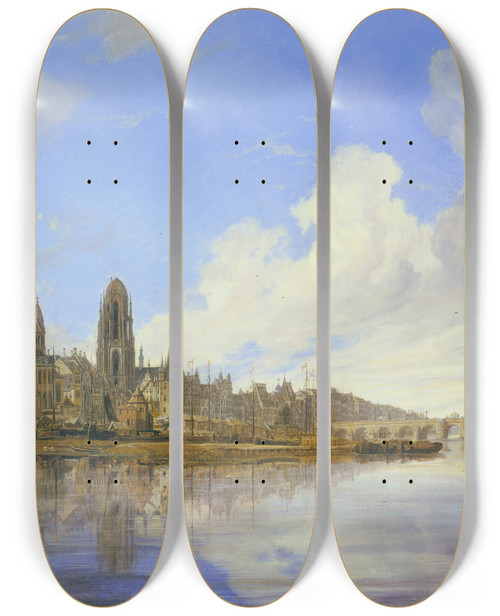 Triptych art skateboard deck of Domenico Quaglio The Younger View Of Frankfurt by Domenico Quaglio The Younger (1787-1837)