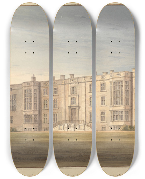 Triptych art skateboard deck of John Buckler North Front Of Castle Ashby Northamptonshire The Seat Of The Marquis Of Northampton by John Buckler (1770-1851)