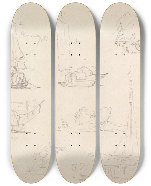 Triptych art skateboard deck of George Chinnery Studies Of Chinese Junks And Boatmen by George Chinnery (1774-1852)