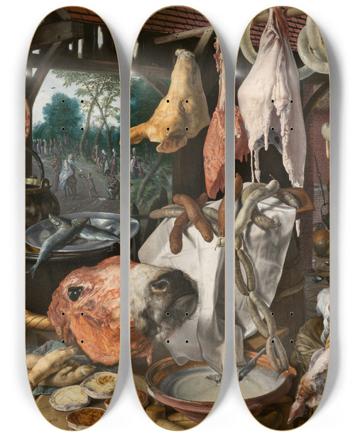 Triptych art skateboard deck of Pieter Aertsen A Meat Stall With The Holy Family Giving Alms The Butchers Stall by Pieter Aertsen (1508-1575)