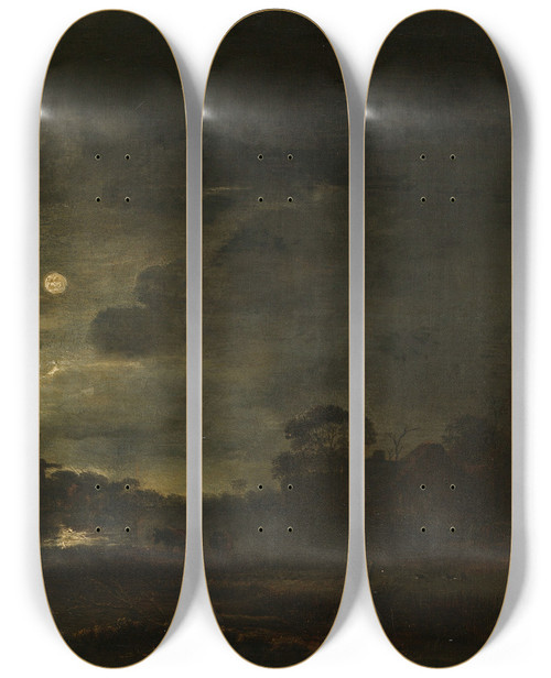 Triptych art skateboard deck of Aert Van Der Neer Landscape By Moonlight_1 by Aert van der Neer (1603-1677)