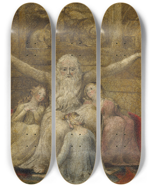 Triptych art skateboard deck of William Blake Job And His Daughters by William Blake (1757-1827)