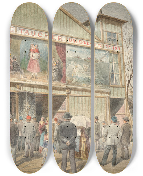Triptych art skateboard deck of Ferdinand Weckbrodt Im Wurstelprater In Wien by Ferdinand Weckbrodt (1838-1902)