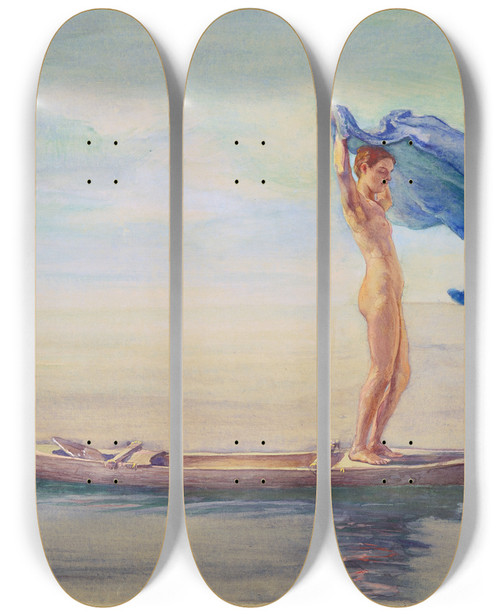 Triptych art skateboard deck of John La Farge Girl In Bow Of Canoe Spreading Out Her Loincloth For A Sail Samoa by John La Farge (1835-1910)