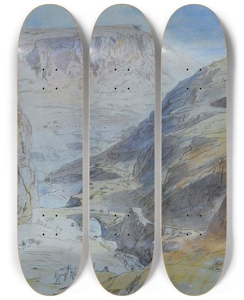 Triptych art skateboard deck of Edward Lear The Gorge At Suk Wady Barada Lebanon_1 by Edward Lear (1812-1888)