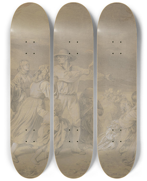 Triptych art skateboard deck of Jakob Becker Schnitter Auf Dem Felde Entdecken Eine Feuersbrunst Im Nahen Dorfe by Jakob Becker (1810-1872)