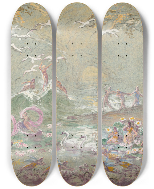 Triptych art skateboard deck of Robert Caney Lake Scene With Fairies And Swans by Robert Caney (1847-1911)