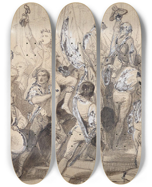 Triptych art skateboard deck of Paul Delaroche Le Retour De La Prise De La Bastille by Paul Delaroche (1797-1856)