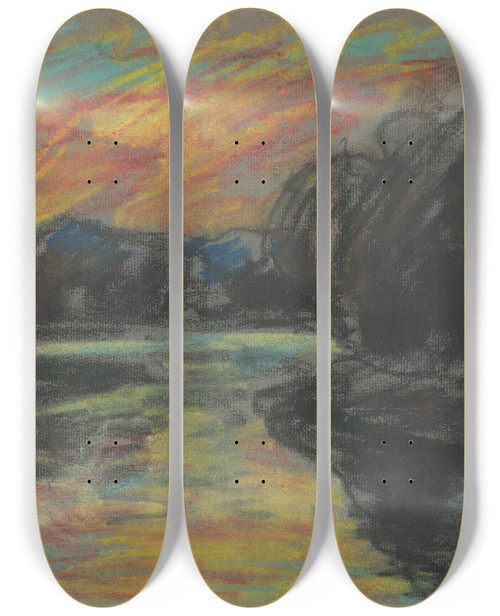 Triptych art skateboard deck of Zolo Palugyay River In A Dark Willow Grove_2 by Zolo Palugyay (1898-1935)