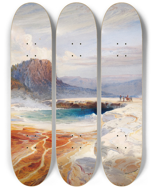 Triptych art skateboard deck of Thomas Moran The Great Blue Spring Of The Lower Geyser Basin Yellowstone_1 by Thomas Moran (1837-1926)