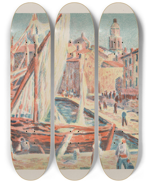 Triptych art skateboard deck of Maximilien Luce Sainttropez_2 by Maximilien Luce (1858-1941)