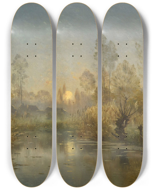 Triptych art skateboard deck of Armand Gury Rivire Au Soleil Couchant by Armand Guery (1850-1912)