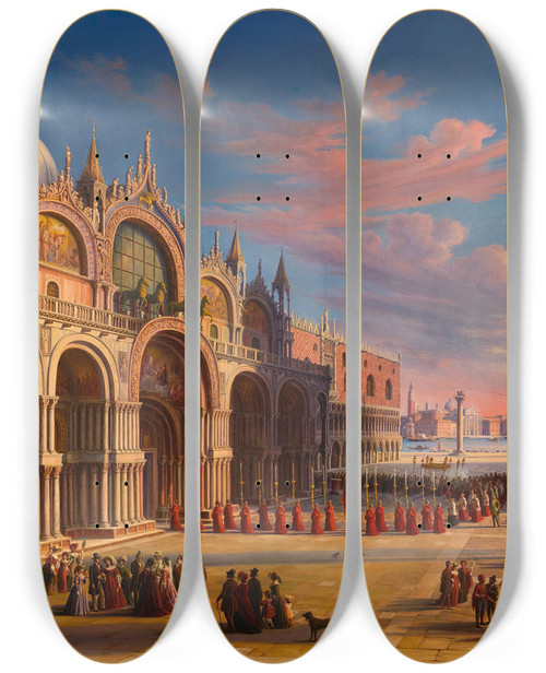 Triptych art skateboard deck of Carl Ludwig Rundt Piazza Di San Marco Venice by Carl Ludwig Rundt (1802-1868)