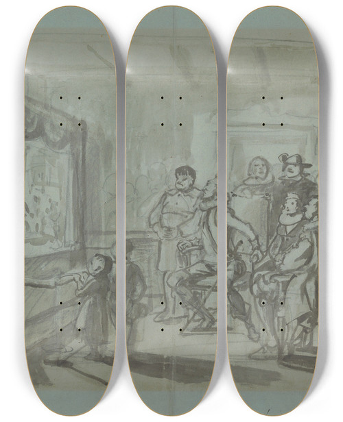 Triptych art skateboard deck of Wilhelm Marstrand Don Quixote And Others Attending Master Peters Puppet Show by Wilhelm Marstrand (1810-1873)