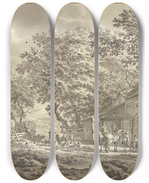 Triptych art skateboard deck of Jacob Cats An Einer Scheune Halten Reiter An Einem Tisch Zwei Trinkende Dabei Eine Kleine Herde Vieh by Jacob Cats (1741-1799)