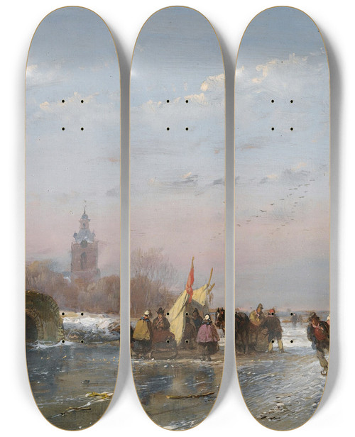 Triptych art skateboard deck of Andreas Schelfhout A Frozen Waterway With Skaters By A Refreshment Stall by Andreas Schelfhout (1787-1870)
