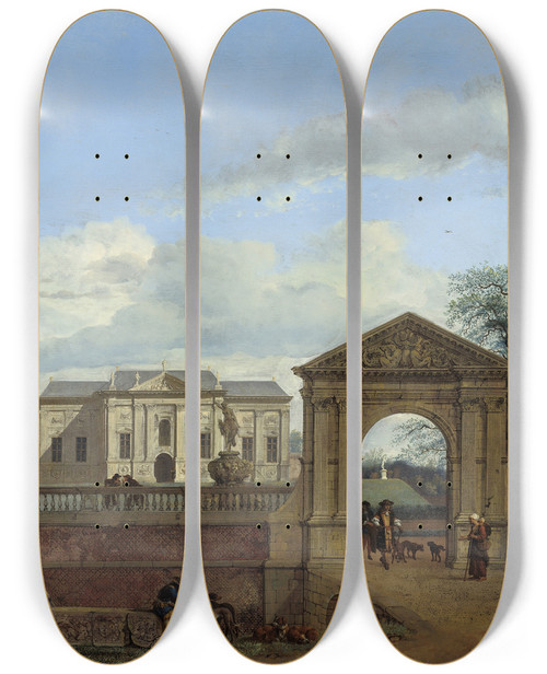 Triptych art skateboard deck of Jan Van Der Heyden An Architectural Fantasy by Jan van der Heyden (1637-1712)