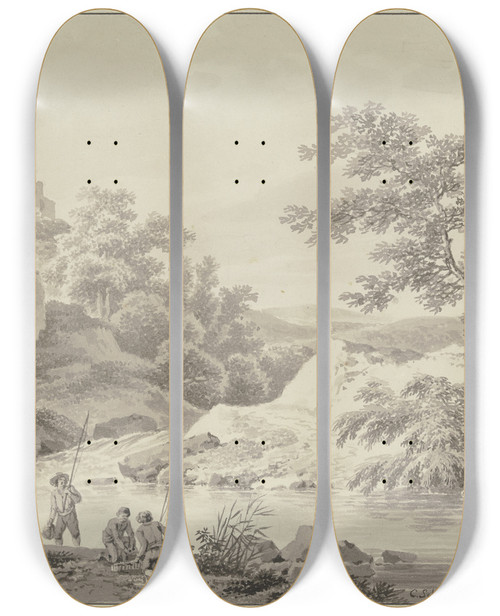 Triptych art skateboard deck of Carl Philipp Schallhas Flchen In Einem Felsental by Carl Philipp Schallhas (1767-1797)