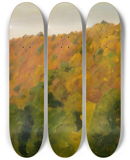 Triptych art skateboard deck of Gustav Kampmann Herbstwald Im Brental by Gustav Kampmann (1859-1917)