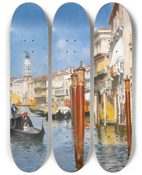 Triptych art skateboard deck of Rubens Santoro The Grand Canal With The Rialto Bridge Venice by Rubens Santoro (1859-1942)