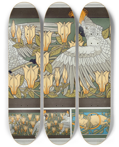 Triptych art skateboard deck of Maurice Pillard Verneuil Cacatos Et Magnolia Bordure Souris Blanches by Maurice Pillard Verneuil (1869-1942)