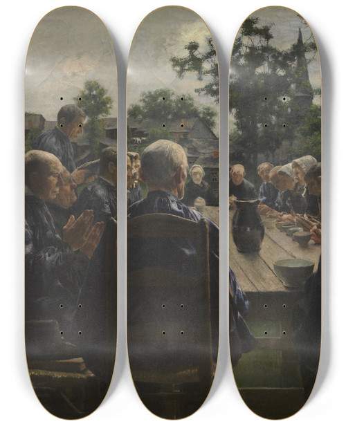 Triptych art skateboard deck of Lon Frdric Le Repas De Funrailles by Frederic Leon (1856-1940)