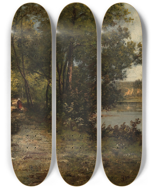 Triptych art skateboard deck of Leon Richet Promenade On The Riverbank by Leon Richet (1847-1902)
