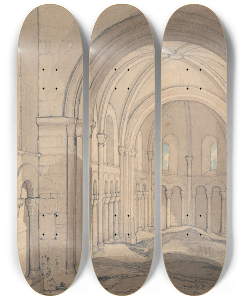 Triptych art skateboard deck of John Sell Cotman Interior Of The Chapel Of Saint Julien Near Rouen Normandy by John Sell Cotman (1782-1842)