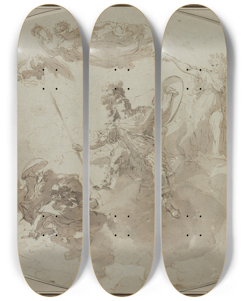 Triptych art skateboard deck of Giuseppe Bernardino Bison Ceiling Study Allegory Of Peace And War by Giuseppe Bernardino Bison (1762-1844)