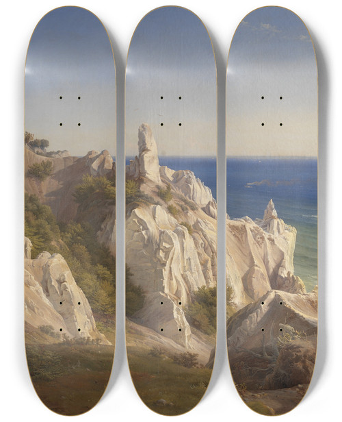 Triptych art skateboard deck of Louis Gurlitt The Cliffs Of The Island Of Mn by Louis Gurlitt (1812-1897)