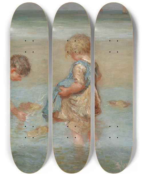 Triptych art skateboard deck of Bernardus Johannes Blommers A Day At The Beach by Bernardus Johannes Blommers (1845-1915)