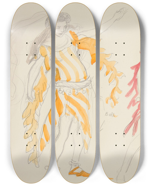 Triptych art skateboard deck of Edwin Austin Abbey Dancers Costume Sketch For Henry Irvings Planned Production Of King Richard Ii by Edwin Austin Abbey (1852-1911)
