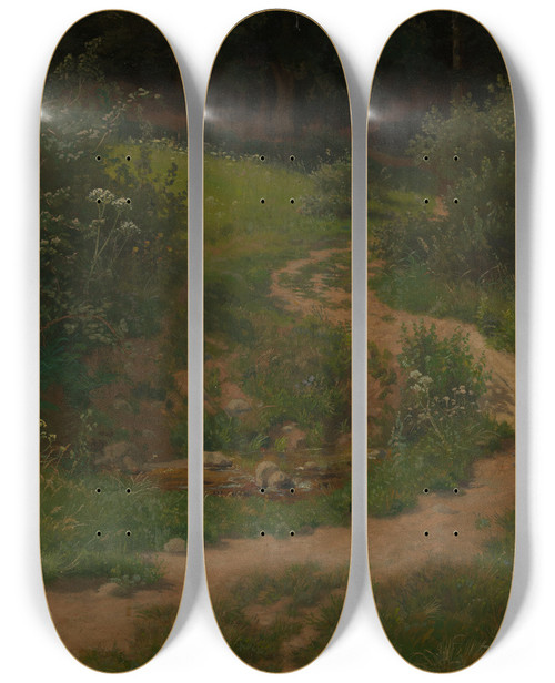 Triptych art skateboard deck of Emil Lugo Waldwiese Mit Weg Und Wassertmpel by Emil Lugo (1840-1902)