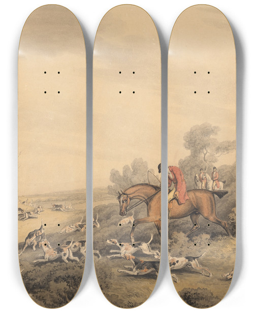 Triptych art skateboard deck of Samuel Howitt Foxhunting At Fault by Samuel Howitt (1756-1822)