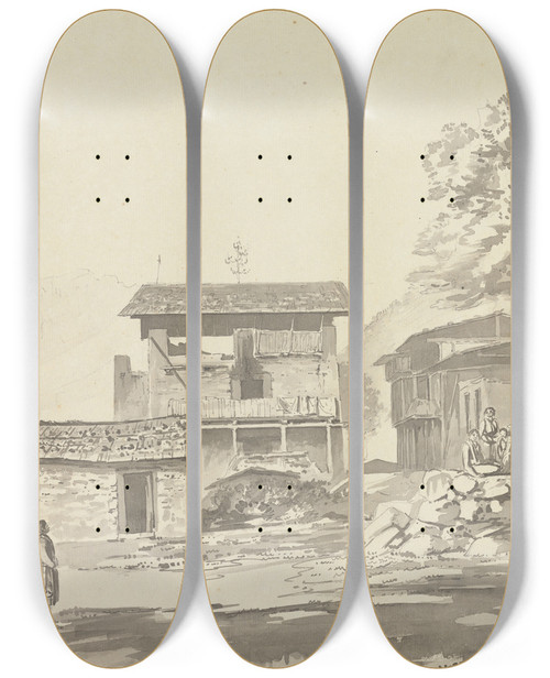 Triptych art skateboard deck of Samuel Davis In The Village Near Tassisudon Tashicho Dzong_1 by Samuel Davis (1757-1819)