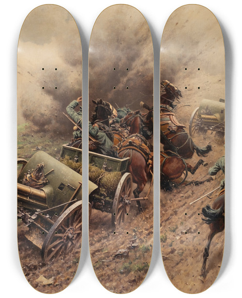 Triptych art skateboard deck of Hugo Ungewitter Field Artillery Under Attack by Hugo Ungewitter (1869-1947)